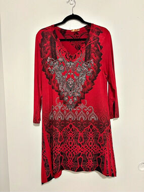 R Rouge Printed Embellished Mini Dress in Red & Black Like New